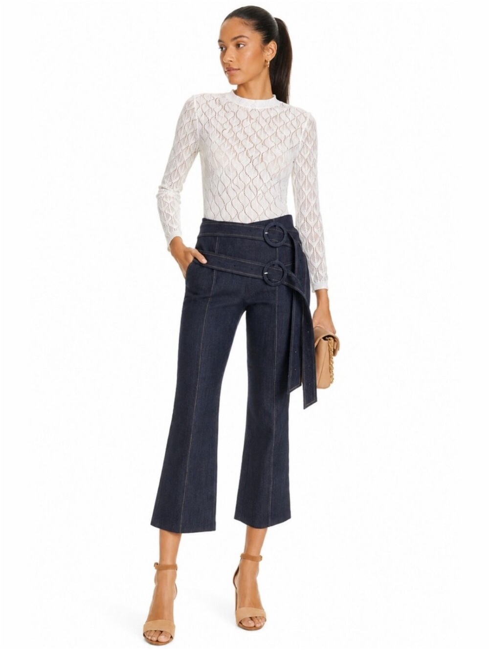 Cinq à Sept Jessi Double Belt Crop Kick Flare Denim Pants Indigo Size 6